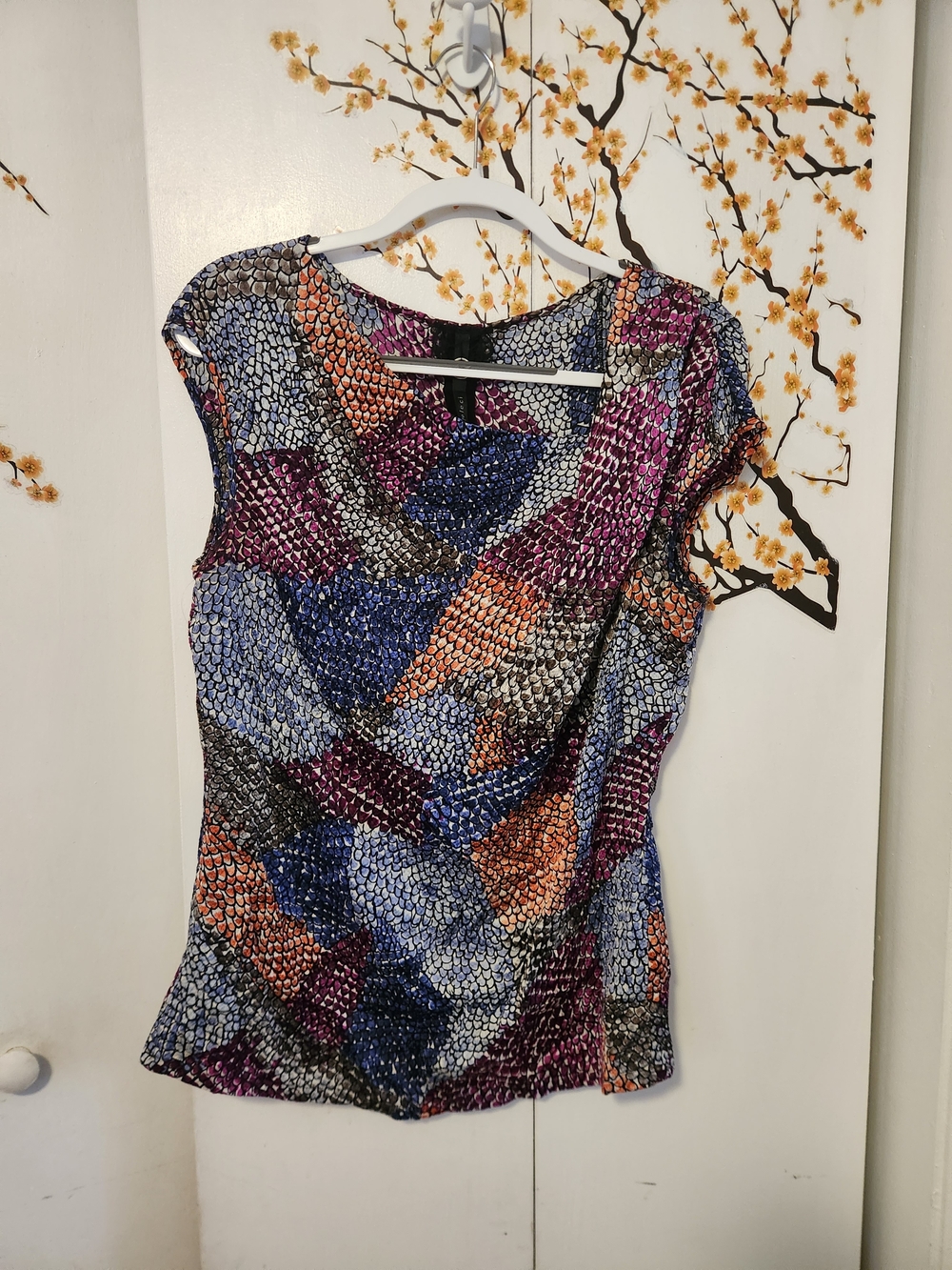 Poleci Multi-Color Abstract Cap Sleeve Top — Purple, Blue, Orange, Black